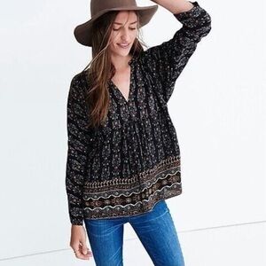 Madewell Bohème Popover 100% Silk Boho V-neck Blouse Size Medium